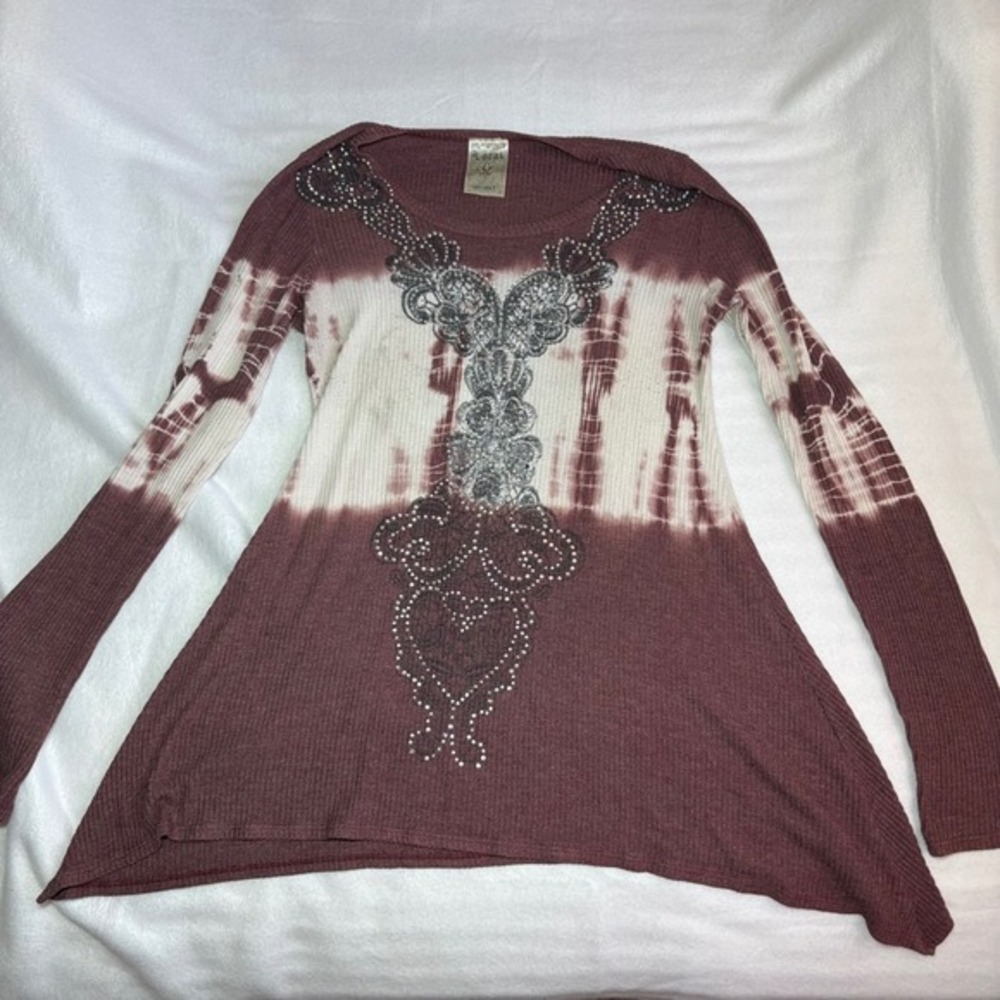 Y2k Vocal Burgundy Tie Dye Rhinestone Embellished Thermal Tunic Top